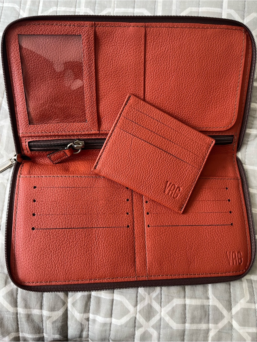 Orange Genuine Leather Travel Wallet and Card Sleeve